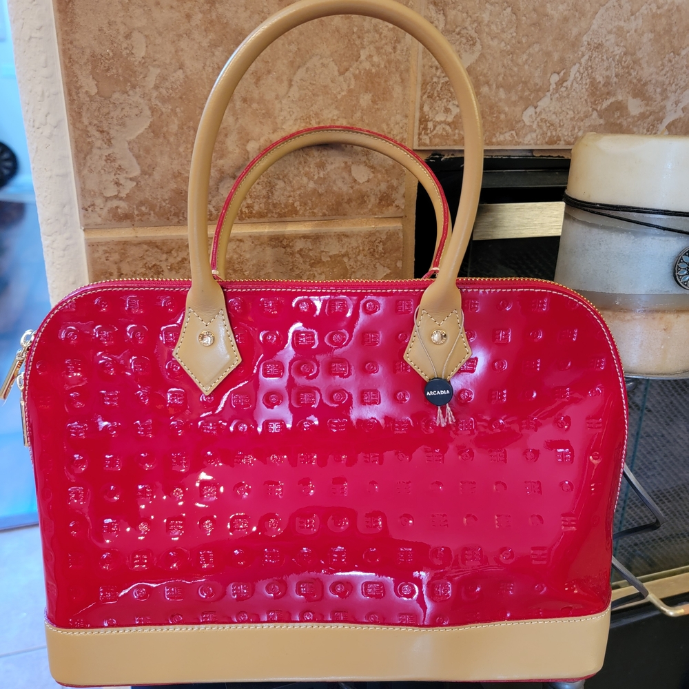 Arcadia Italian Bugatti Red Patent Leather Tan Trim HandBag Purse Satchel Bag